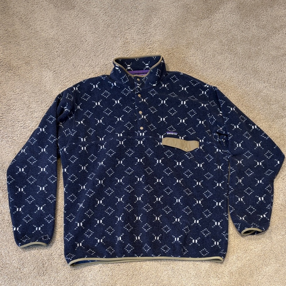 Patagonia Synchilla Navy Patterned Snap-Placket Fleece Pullover Mens XL